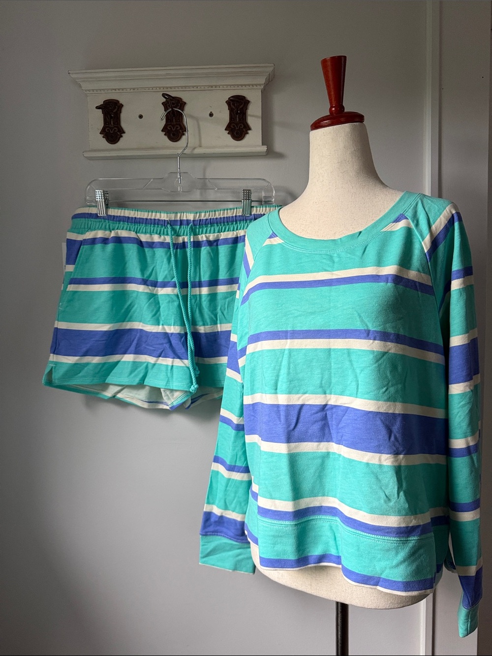 Wildfox Short Set Turquoise, Blue & Cream Striped Lounge Top and Shorts Travel